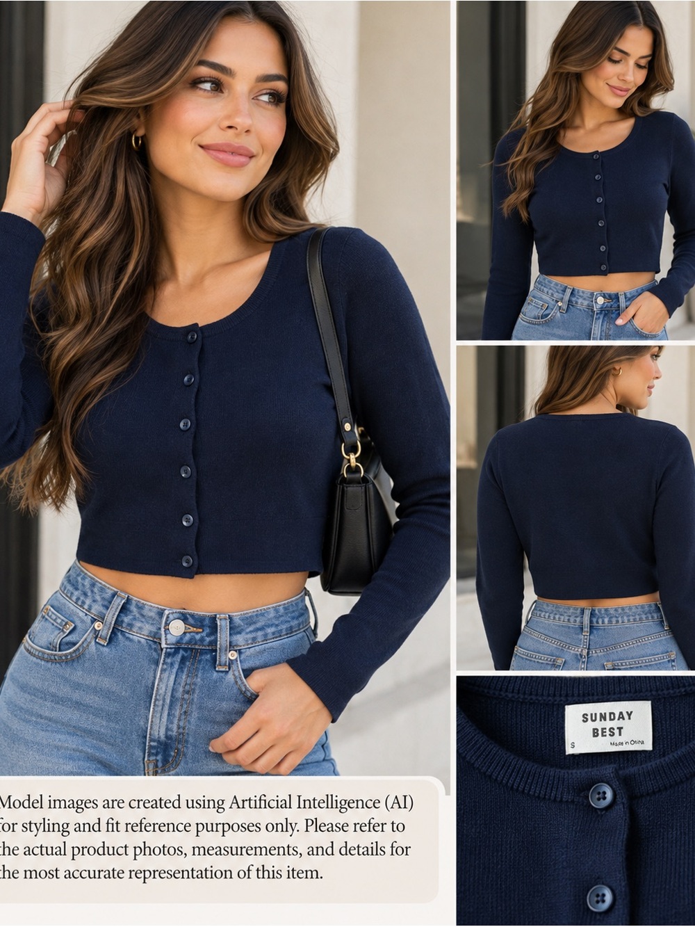 Sunday Best by Aritzia Cropped Cardigan Women's Small Navy Blue Button Stretch